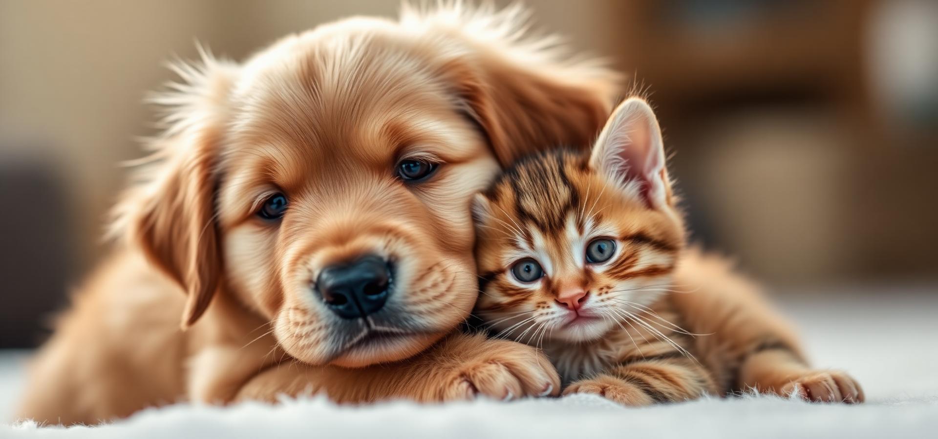 Filhote de cachorro e gatinho juntos com muito carinho