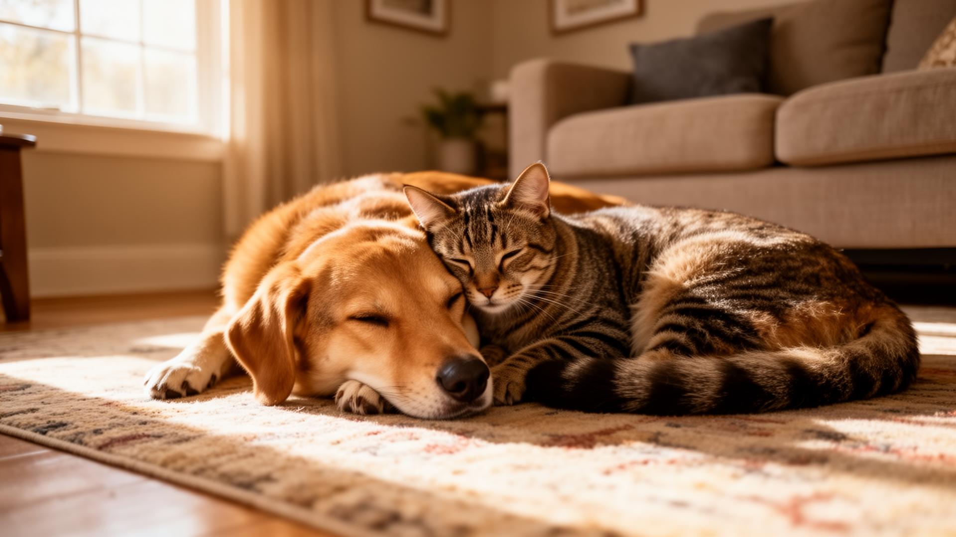 Cão e gato deitados juntos com carinho em um ambiente residencial iluminado pela luz natural